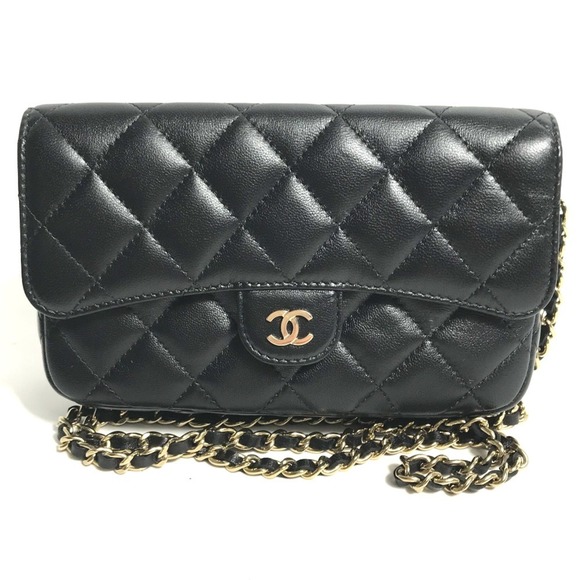 CHANEL Handbags - CHANEL Authentic Black Lambskin Leather Logo Wallet